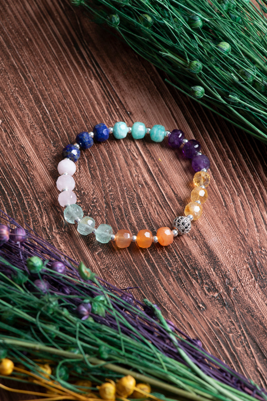 Sertifikalı Karma Doğal Taş Fasetli Bileklik Sitrin - Lapis Lazuli - Akik - Amazonit - Florit - Ametist