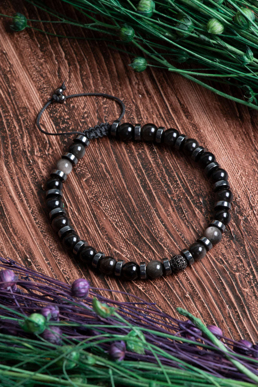 Orijinal Sertifikalı Obsidyen Hematit Zirkon Aparatlı 6 mm Doğal Taş Makrome Bileklik