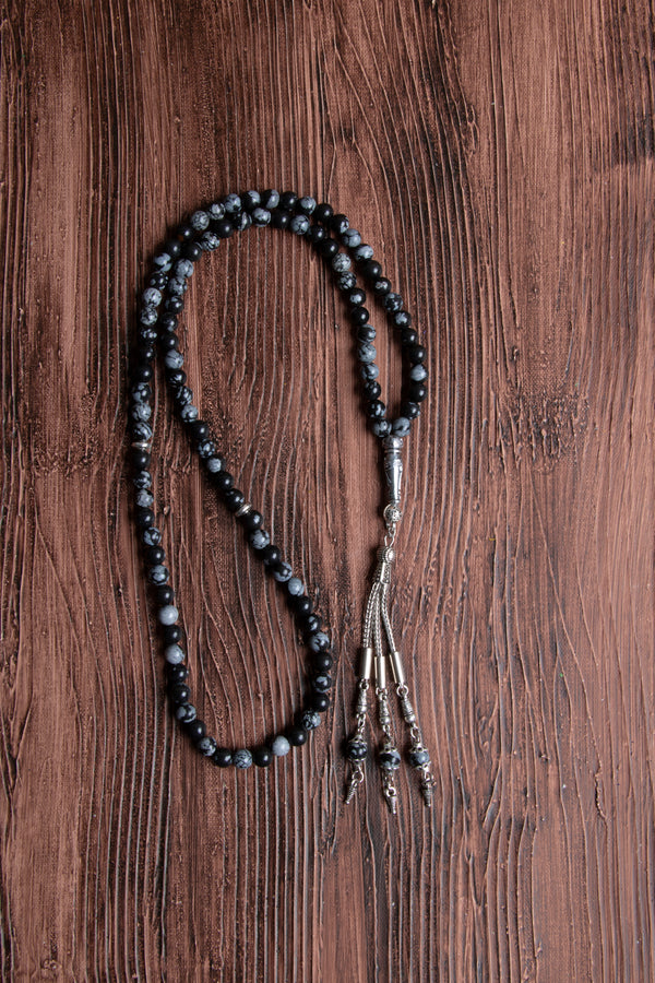 Orijinal Sertifikalı 99'luk Karlı Obsidyen (6 mm) Doğal Taş Metal İmamiye Püskül Tespih