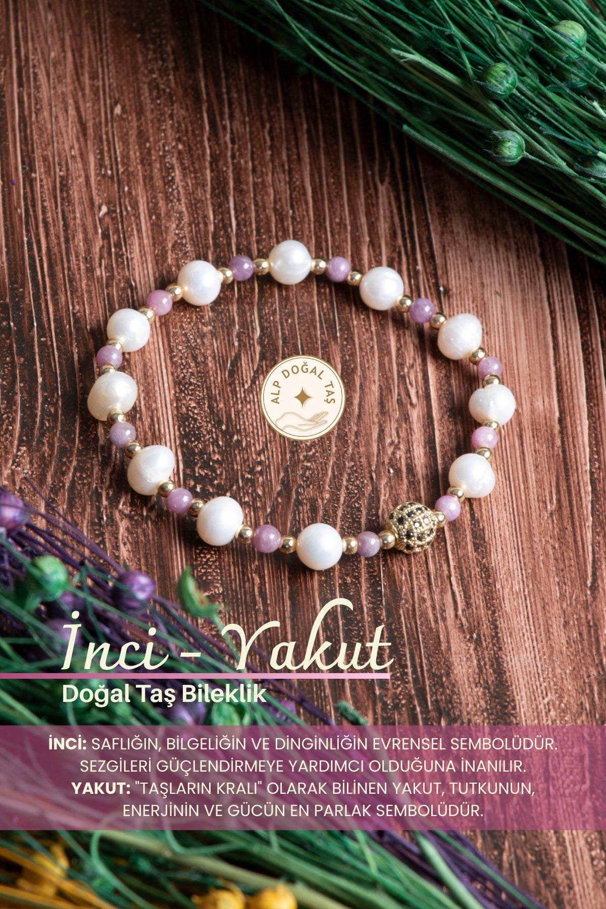 Orijinal Sertifikalı İnci (8mm)- Yakut (5mm) Doğal Taş Bileklik
