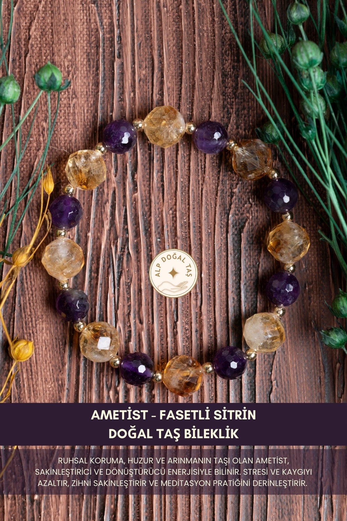 Image of Orijinal Sertifikalı Ametist Sitrin Fasetli Doğal Taş Bileklik