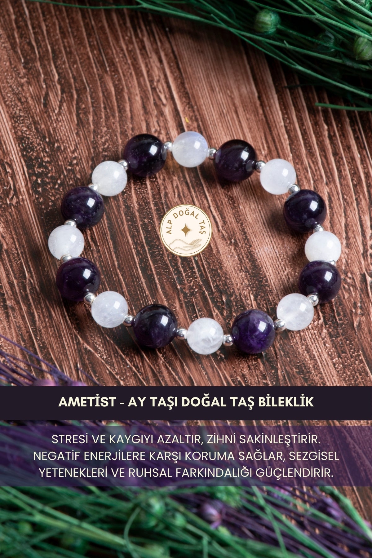 Image of Orijinal Sertifikalı Ametist (10mm) Ay Taşı (8mm) Doğal Taş Bileklik
