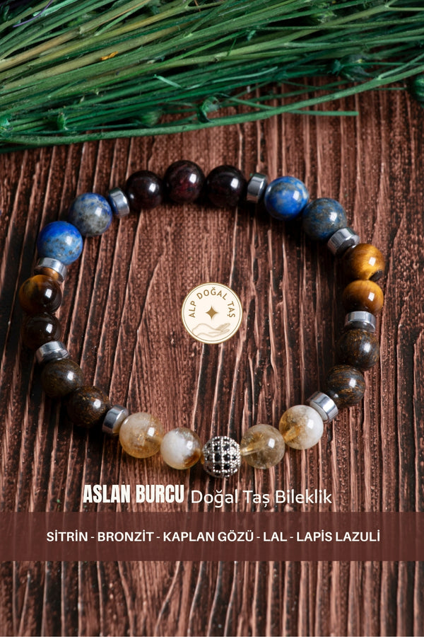 Doğal Taş Aslan Burcu Bileklik (Sitrin bronzit kaplan gözü. Lal lapis lazuli)