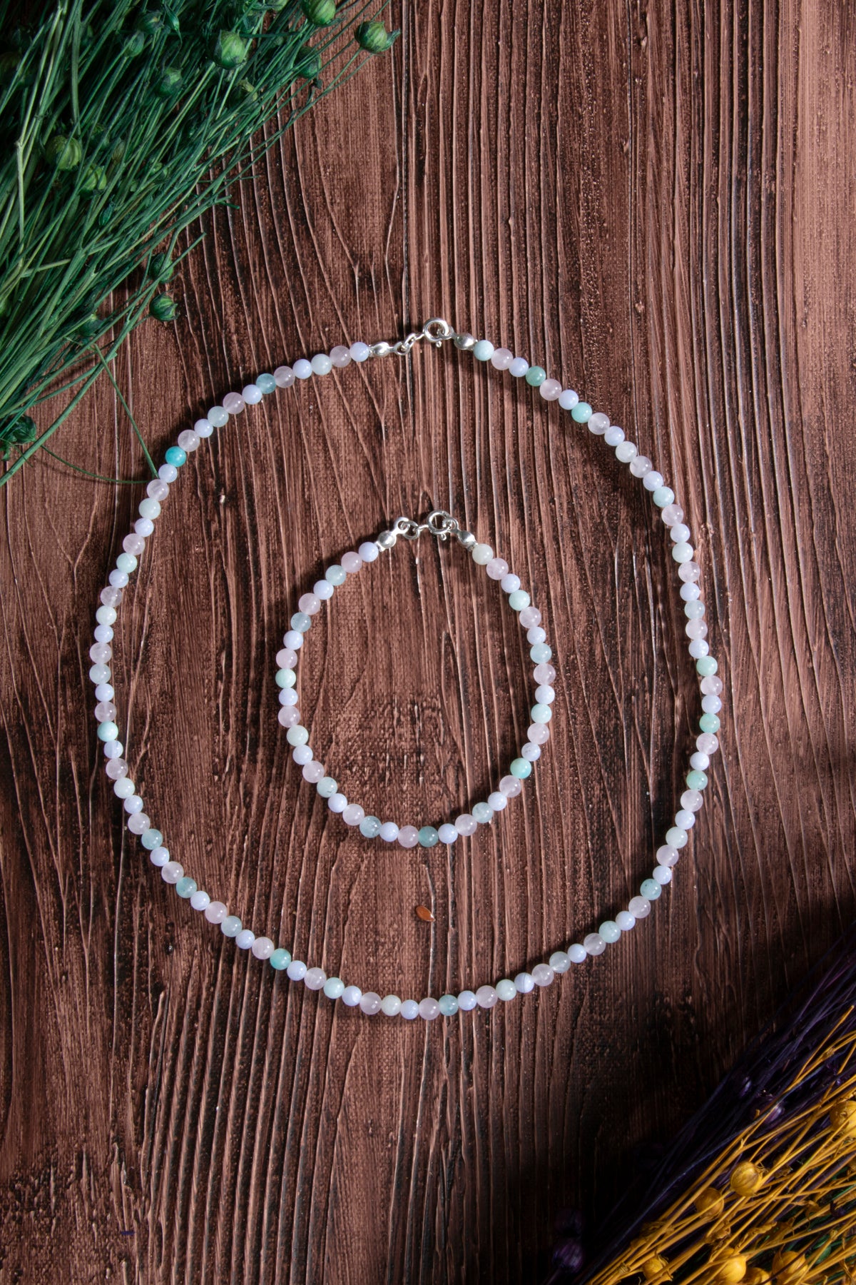 Image of Sertifikalı Pembe Kuvars Akuamarin Amazonit Doğal Taş Kolye Bileklik Set