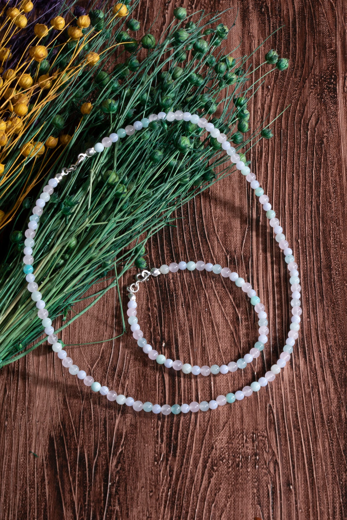 Image of Sertifikalı Pembe Kuvars Akuamarin Amazonit Doğal Taş Kolye Bileklik Set