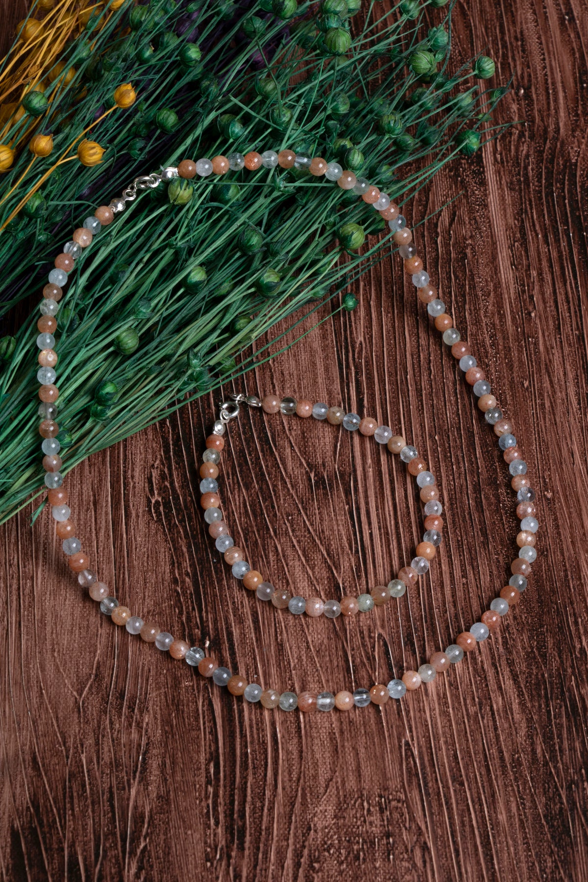 Image of Sertifikalı Güneş Taşı Akuamarin Doğal Taş Kolye Bileklik Seti