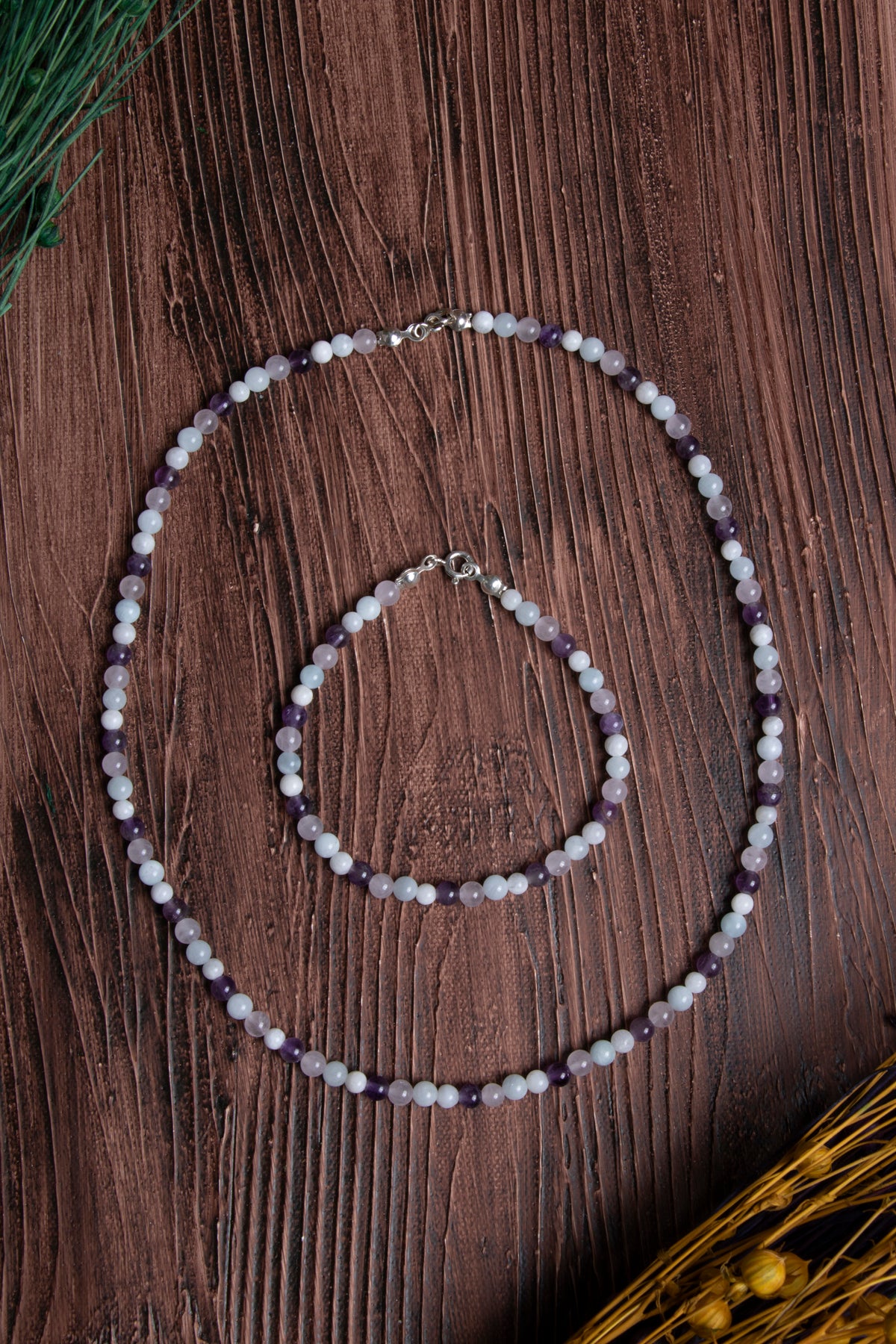 Image of Sertifikalı Ametist Ay Taşı Akuamarin Pembe Kuvars Kolye Bileklik Seti