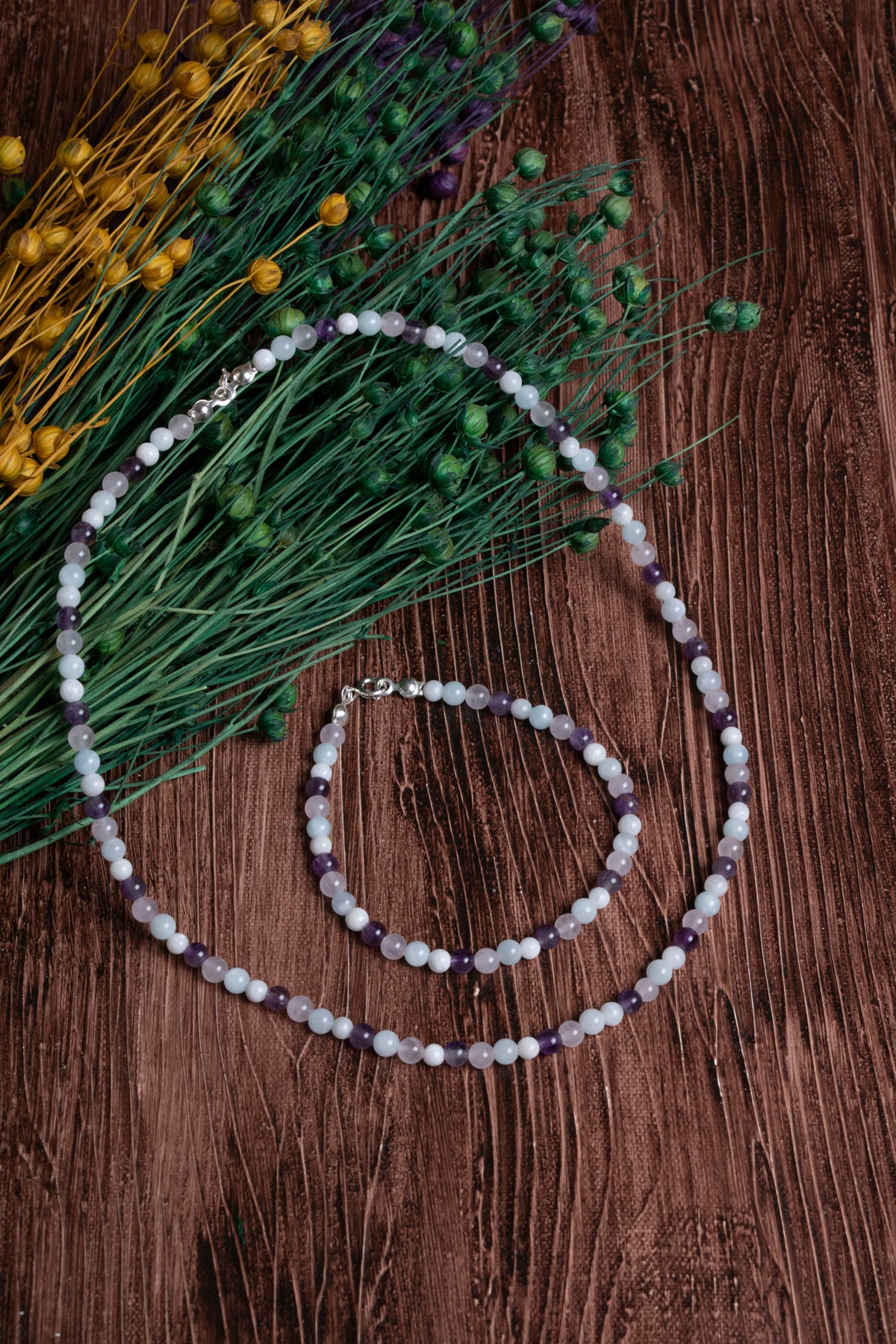 Image of Sertifikalı Ametist Ay Taşı Akuamarin Pembe Kuvars Kolye Bileklik Seti