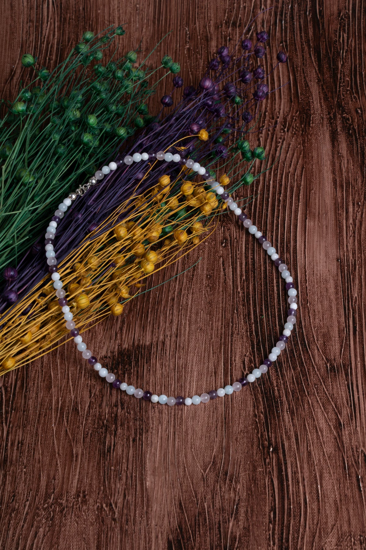 Image of Sertifikalı Ametist Ay Taşı Akuamarin Pembe Kuvars Doğal Taş Kolye