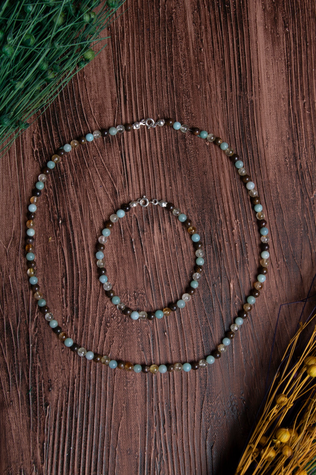 Image of Sertifikalı Kaplan Gözü Bronzit Sitrin Amazonit Doğal Taş Kolye ve Bileklik Seti