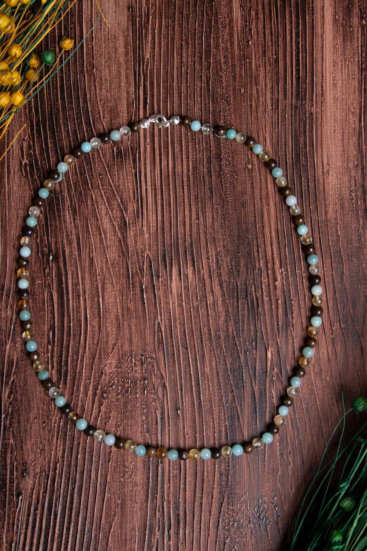 Image of Sertifikalı Kaplan Gözü Bronzit Sitrin Amazonit Doğal Taş Kolye