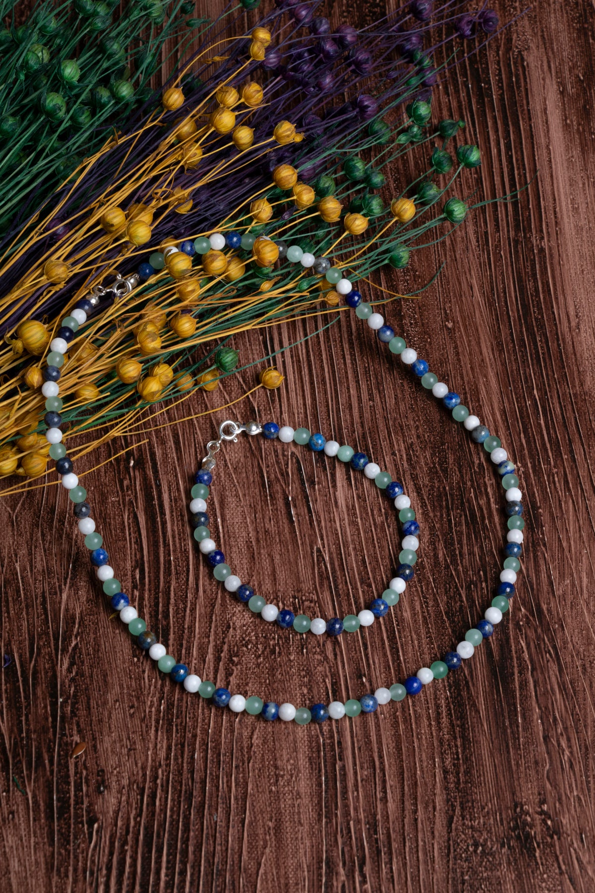 Sertifikalı Lapis Lazuli Ay Taşı Aventurin Kolye Bileklik Set