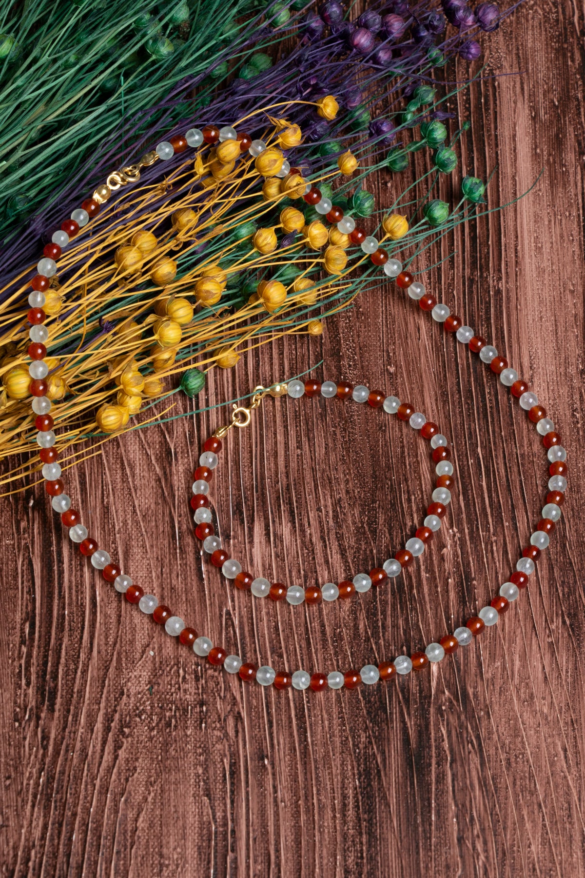 Image of Sertifikalı Akik Prehneit Doğal Taş Kolye Bileklik Seti