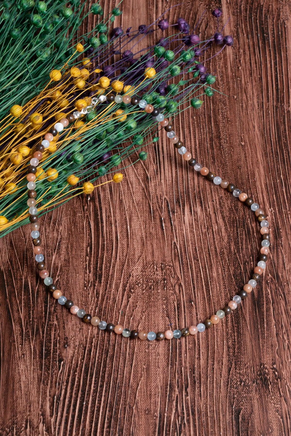 Image of Sertifikalı Güneş Taşı Bronzit Akuamarin Doğal Taş Kolye