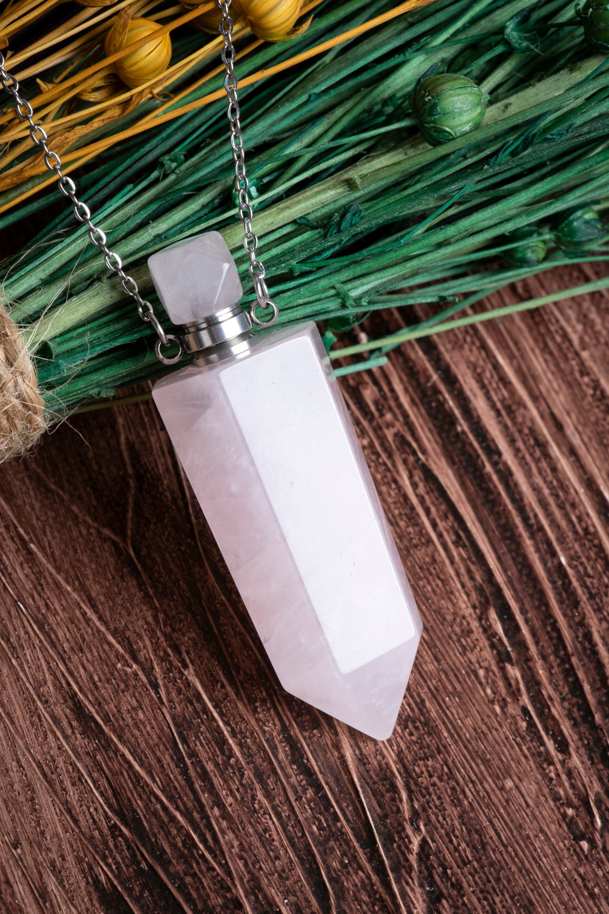 Image of Sertifikalı Pembe Kuvars Doğal Taş Esans Şişesi / Kolye