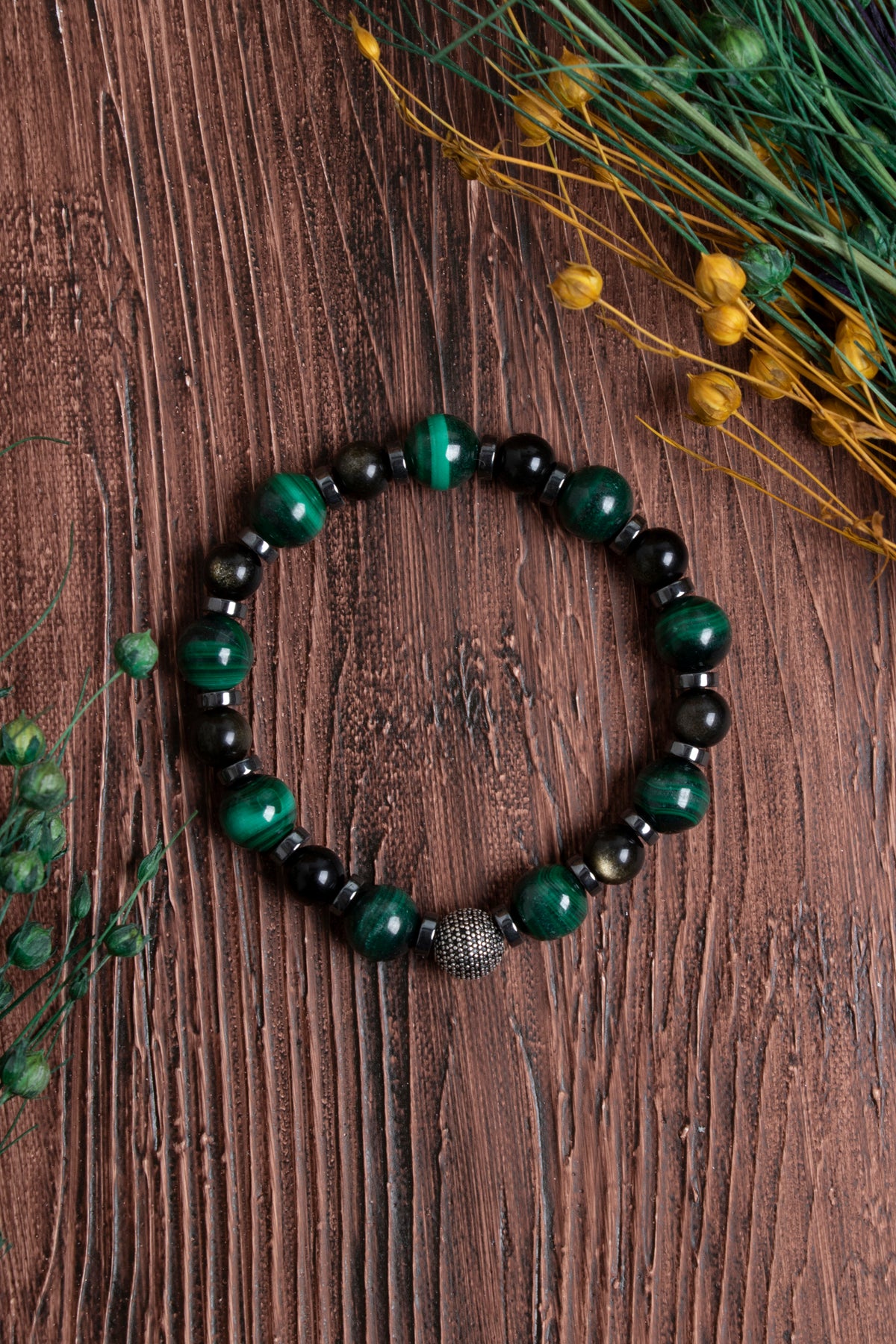 Orijinal Sertifikalı Malahite (8 mm) Obsidyen (6 mm) Hematit Gümüş Aparatlı Doğal Taş Bileklik