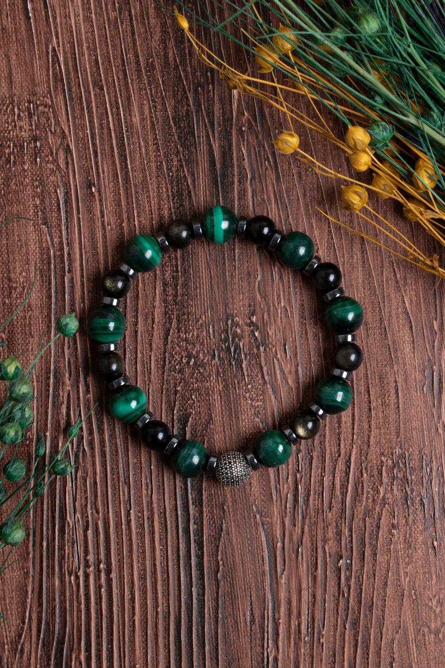 Orijinal Sertifikalı Malahite (8 mm) Obsidyen (6 mm) Hematit Gümüş Aparatlı Doğal Taş Bileklik