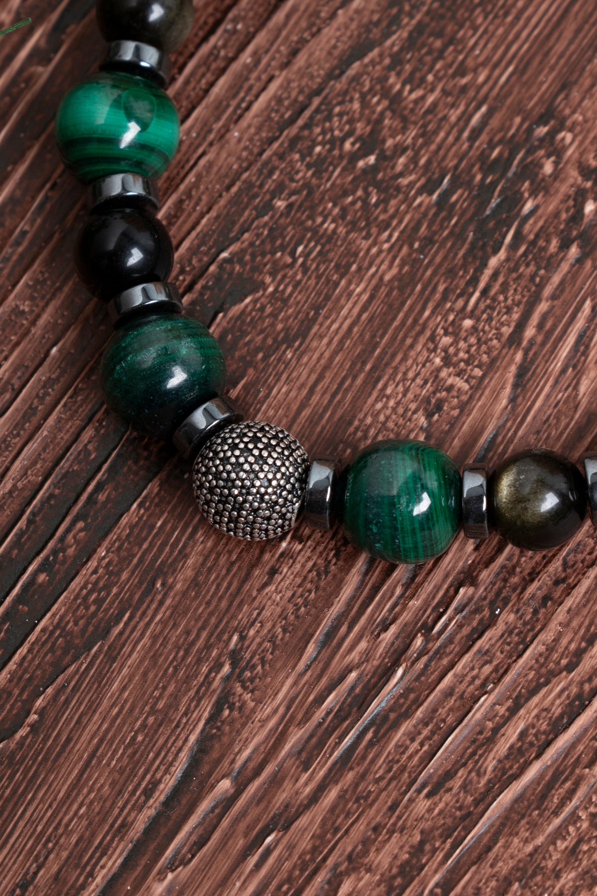 Image of Orijinal Sertifikalı Malahite (8 mm) Obsidyen (6 mm) Hematit Gümüş Aparatlı Doğal Taş Bileklik
