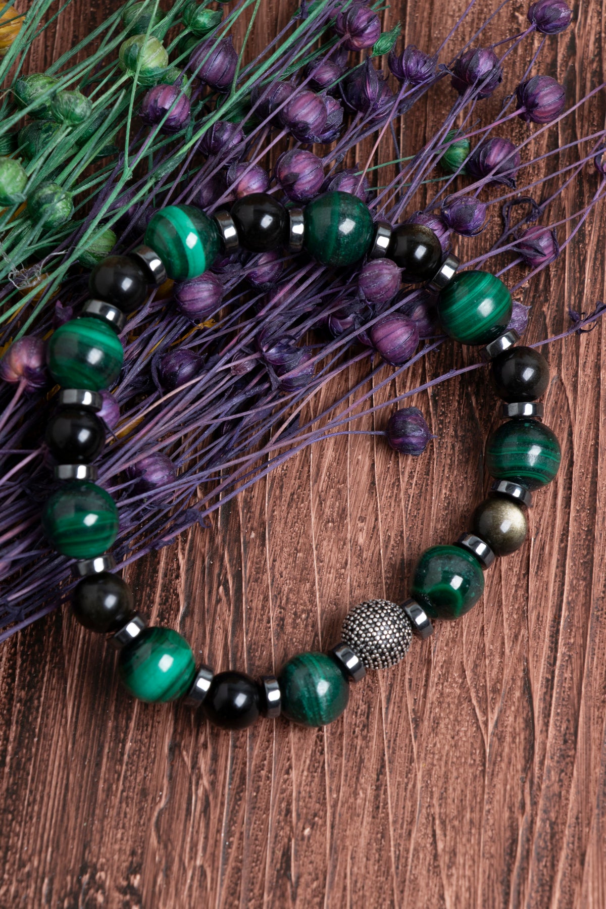 Image of Orijinal Sertifikalı Malahite (8 mm) Obsidyen (6 mm) Hematit Gümüş Aparatlı Doğal Taş Bileklik