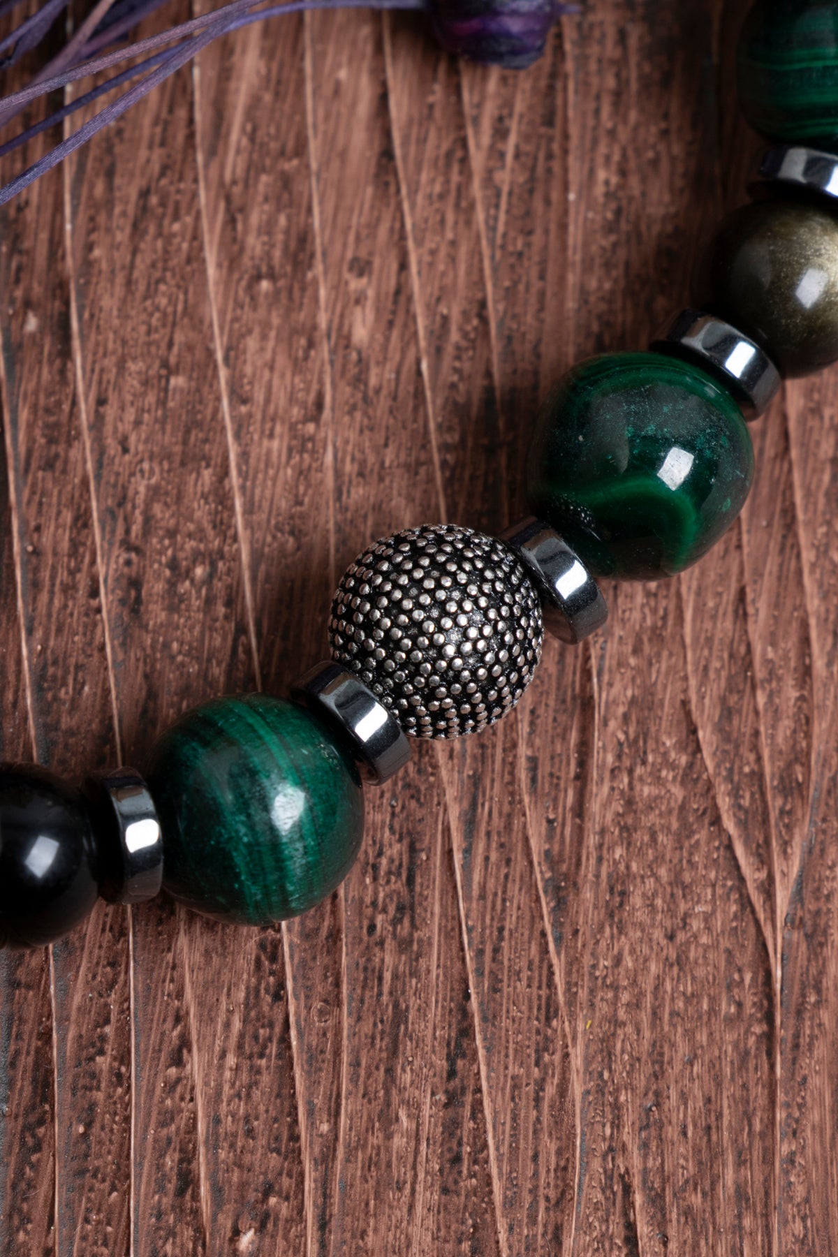 Image of Orijinal Sertifikalı Malahite (8 mm) Obsidyen (6 mm) Hematit Gümüş Aparatlı Doğal Taş Bileklik