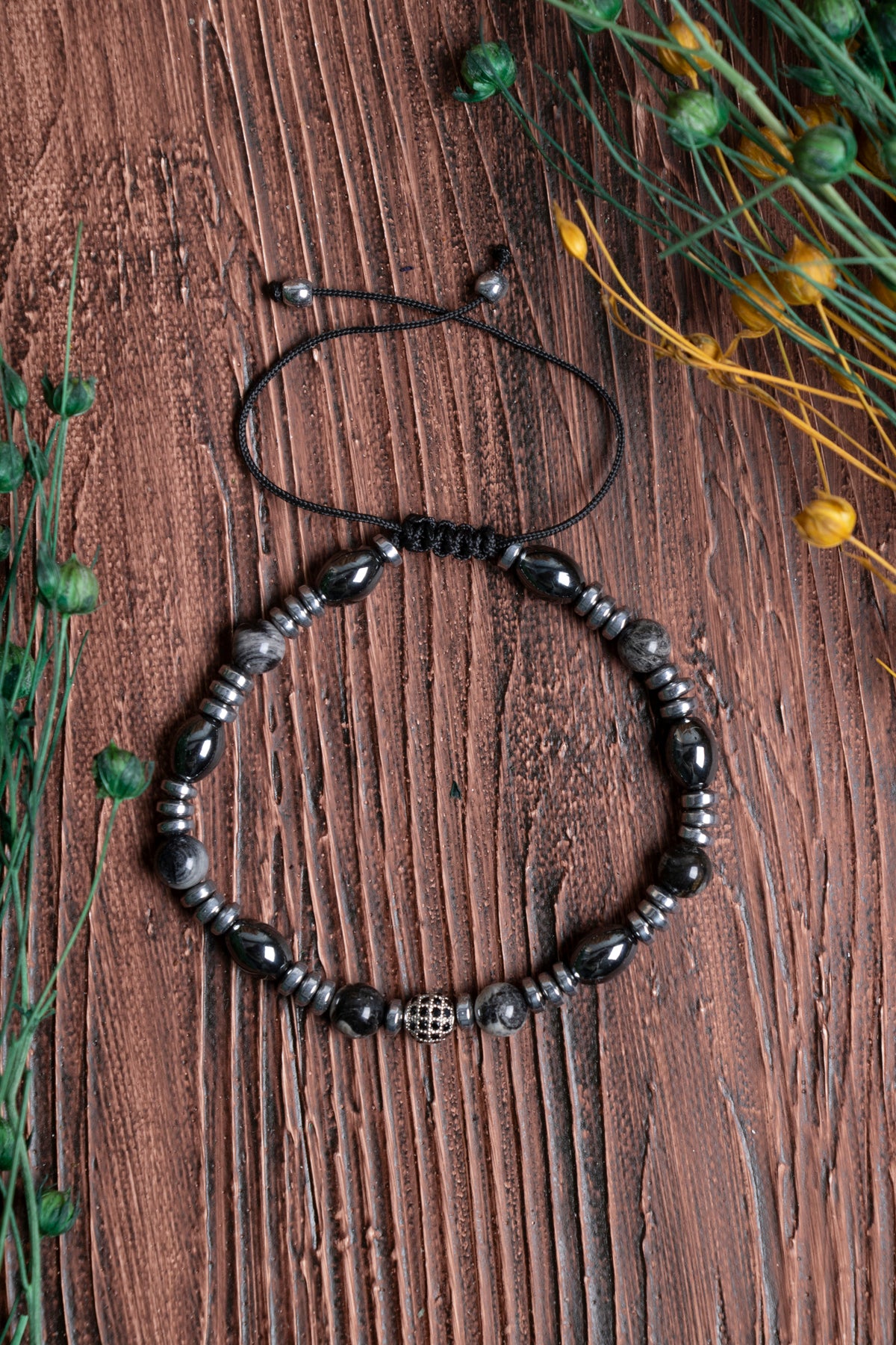 Image of Orijinal Sertifikalı Hematit Gümüş Jasper Doğal Taş Makrome Bileklik