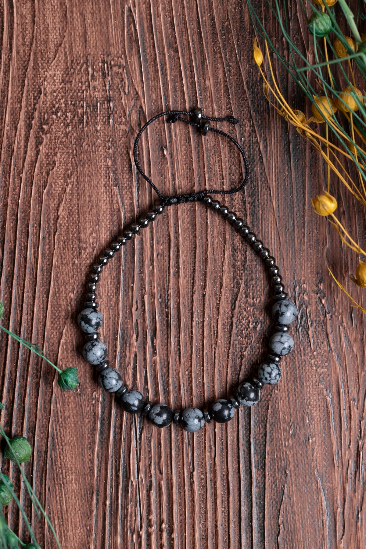 Orijinal Sertifikalı Karlı Obsidyen (6 mm) Hematit (4 mm) Doğal Taş Bileklik