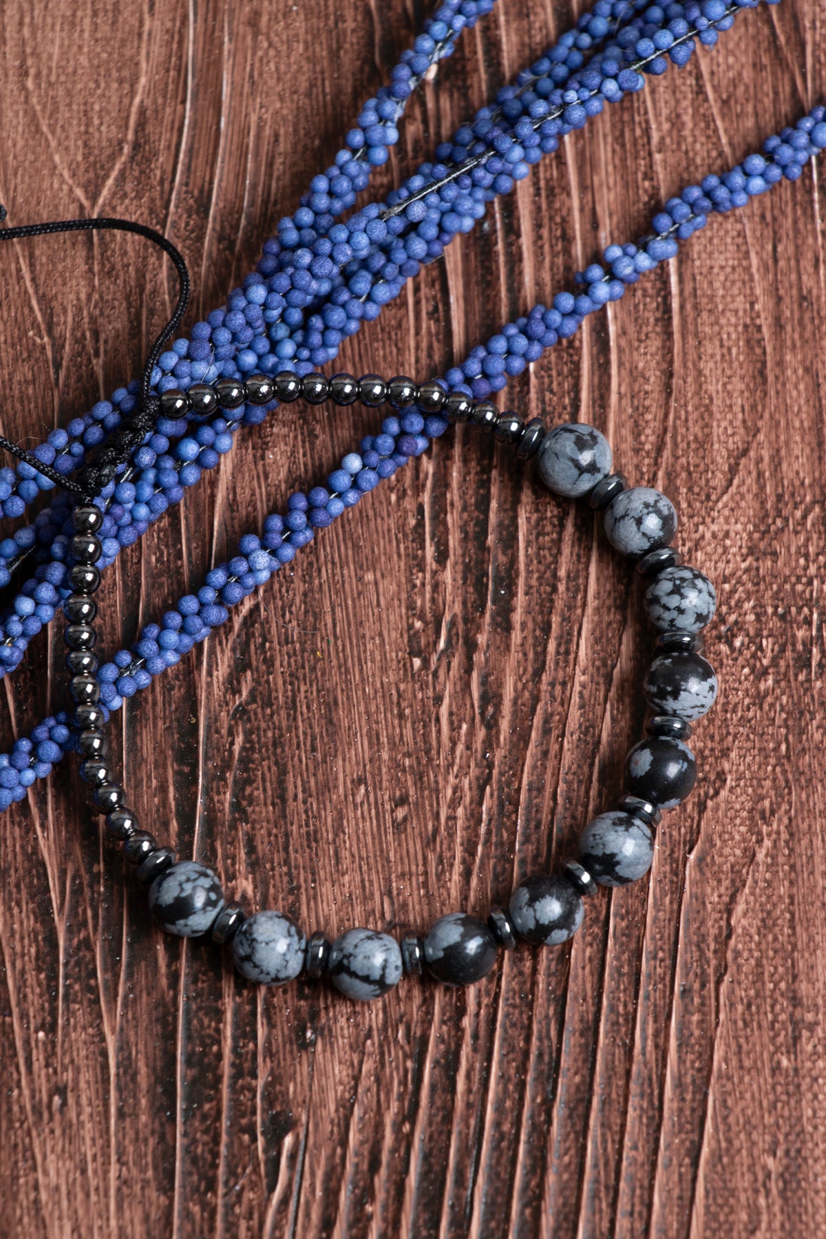 Image of Orijinal Sertifikalı Karlı Obsidyen (6 mm) Hematit (4 mm) Doğal Taş Bileklik