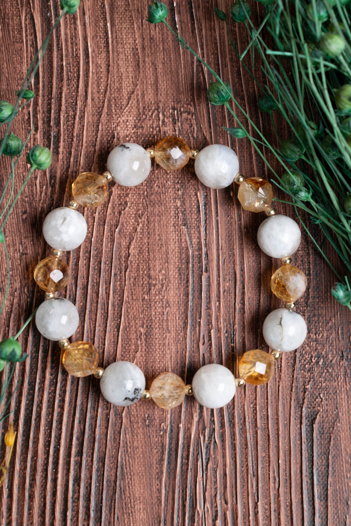 Image of Orijinal Sertifikalı Ay Taşı (10 mm) Sitrin Fasetli (8 mm) Doğal Taş Bileklik