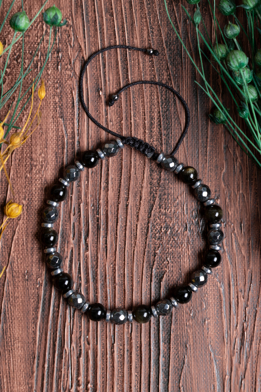 Orijinal Sertifikalı Hematit Obsidyen (6 mm) Doğal Taş Makrome Bileklik
