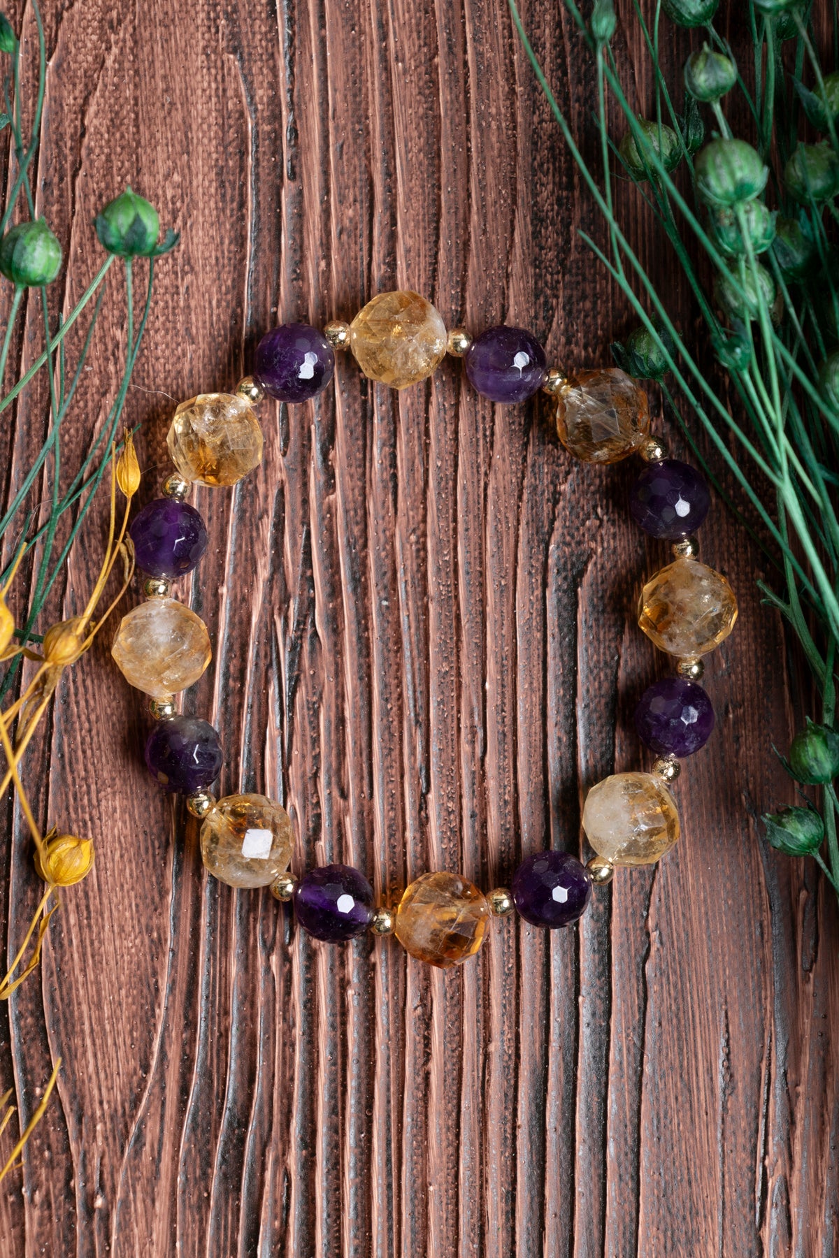 Image of Orijinal Sertifikalı Ametist Sitrin Fasetli Doğal Taş Bileklik