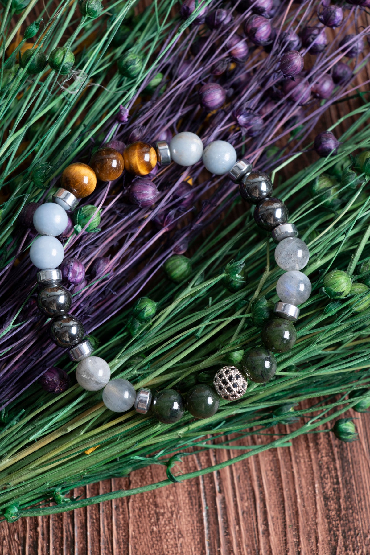 Image of Doğal Taş Kova Burcu Bileklik (Yeşim anjelit hematit kaplan gözü labrodorite)