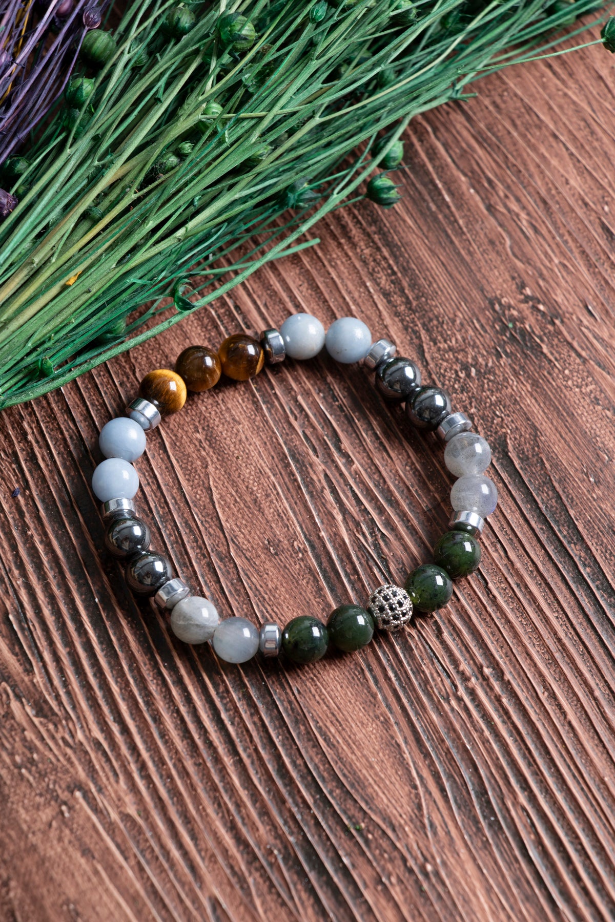 Image of Doğal Taş Kova Burcu Bileklik (Yeşim anjelit hematit kaplan gözü labrodorite)