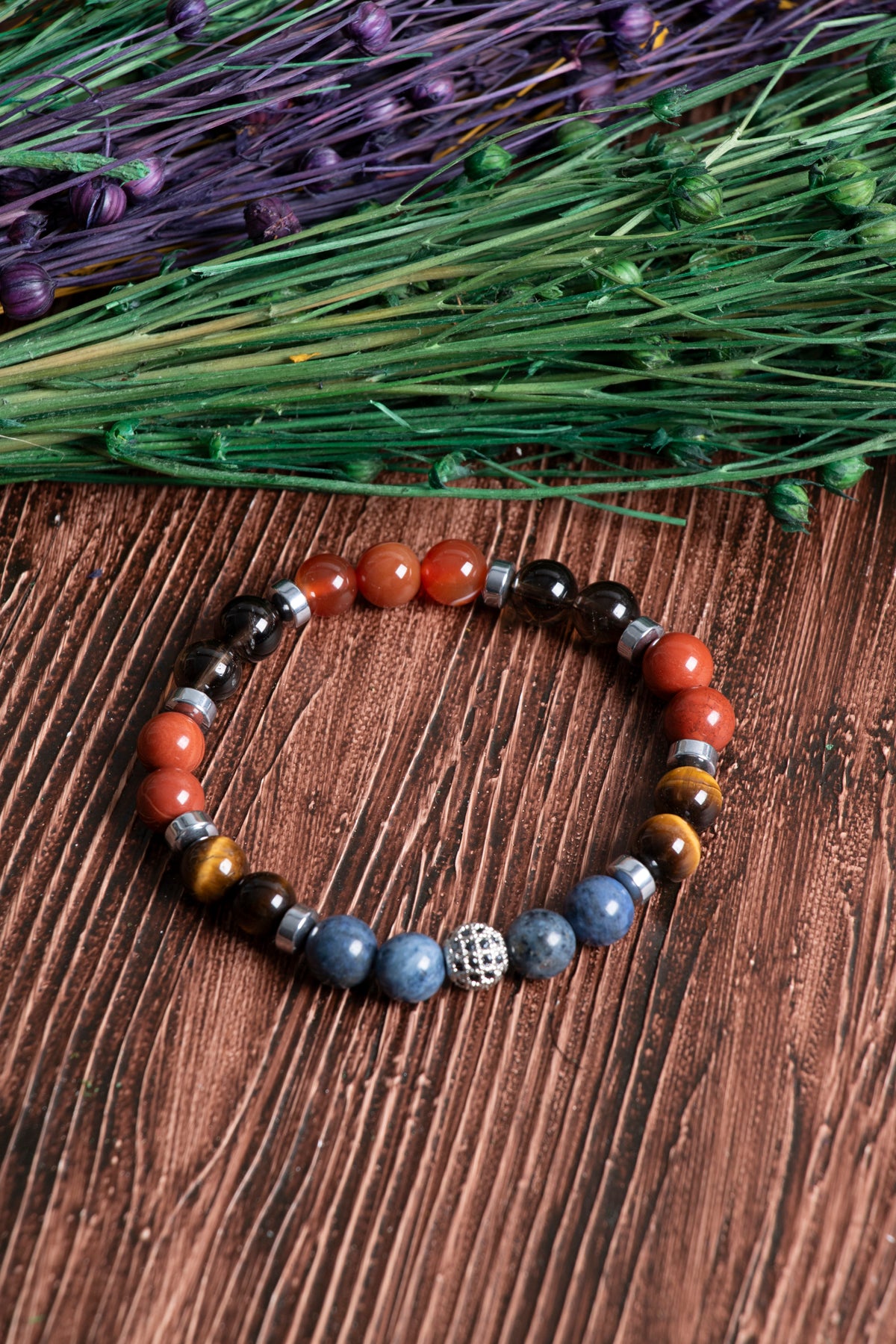 Image of Doğal Taş Oğlak Burcu Bileklik (Dumoriterite kaplan gözü jasper dumanlı kuvars kırmızı akik hematit)