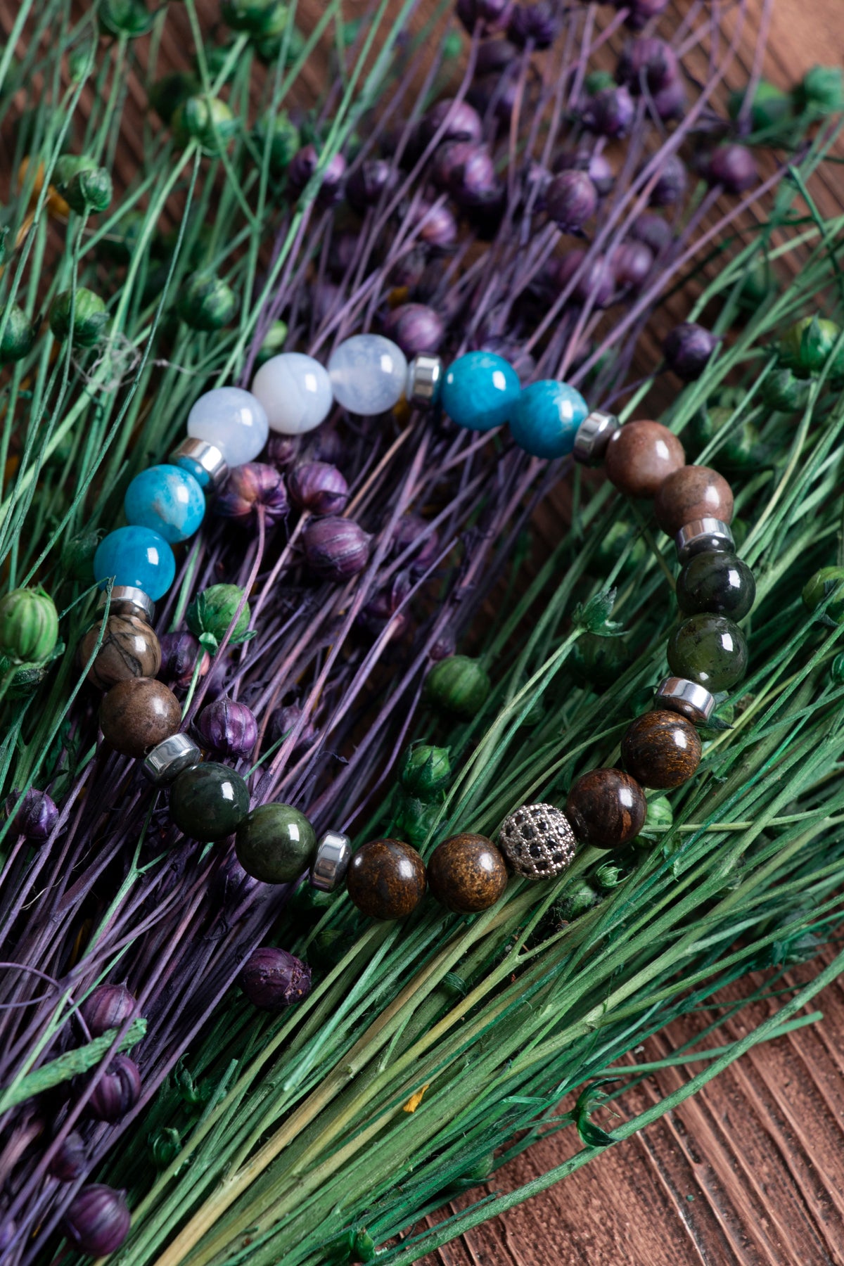 Image of Doğal Taş Boğa Burcu Bileklik (Bronzit rodonit apatit kalsedon yeşim)