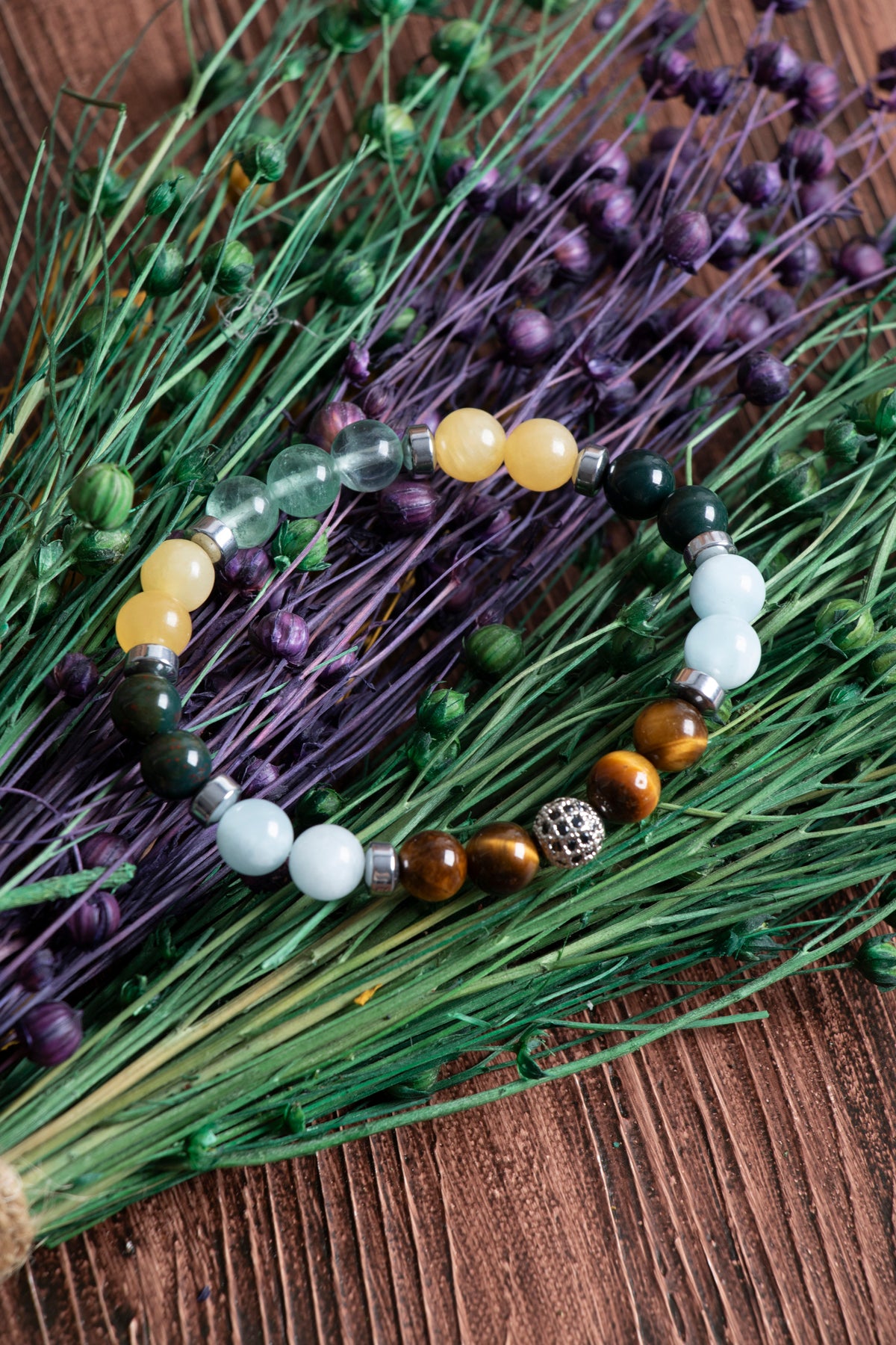 Image of Doğal Taş Balık Burcu Bileklik (Kaplan gözü akuamarin florit kalsit yeşim kan taşı)