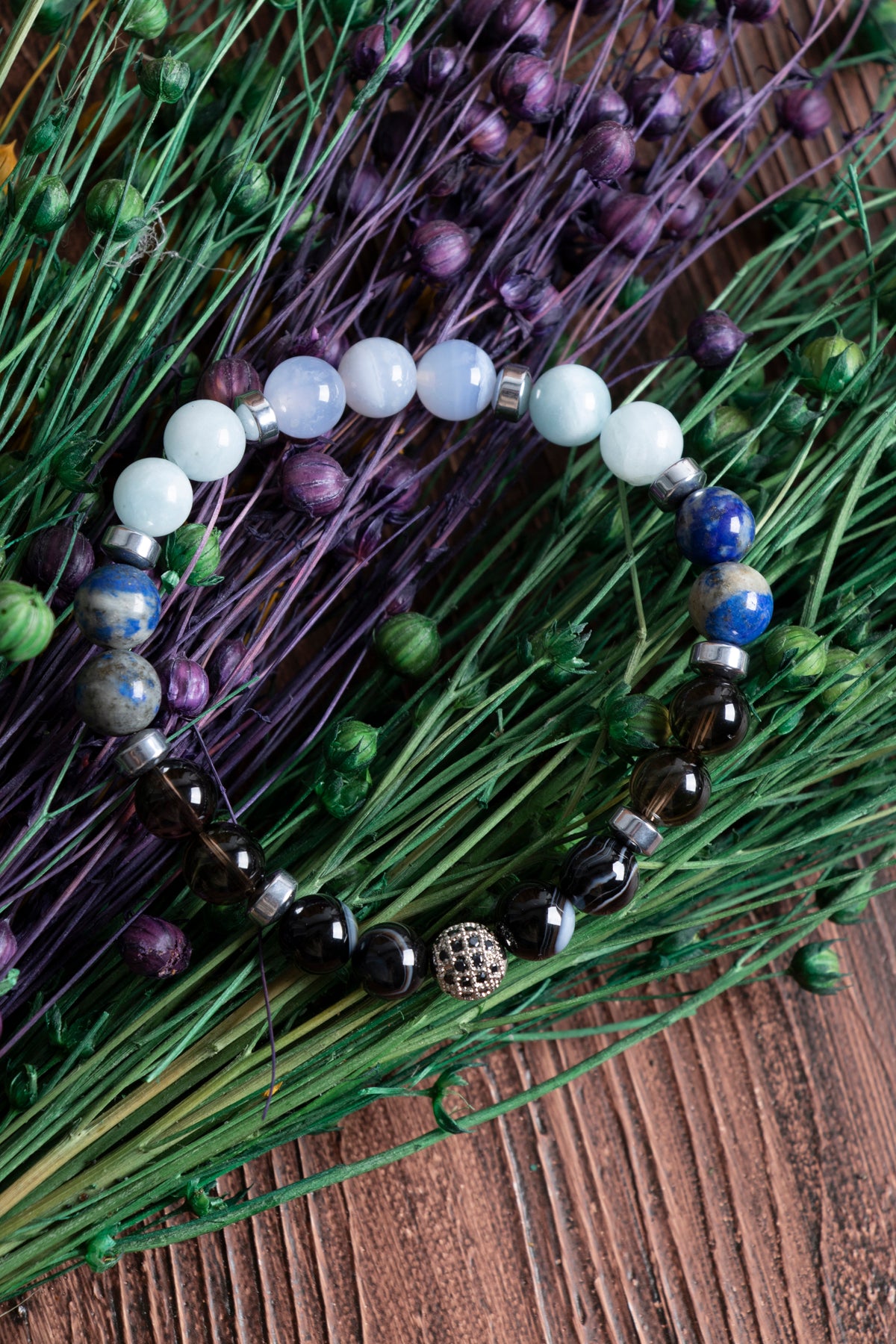 Image of Doğal Taş Terazi Burcu Bileklik (Göz akik dumanlı kuvars lapis Akuamarin kalsedon hematit)