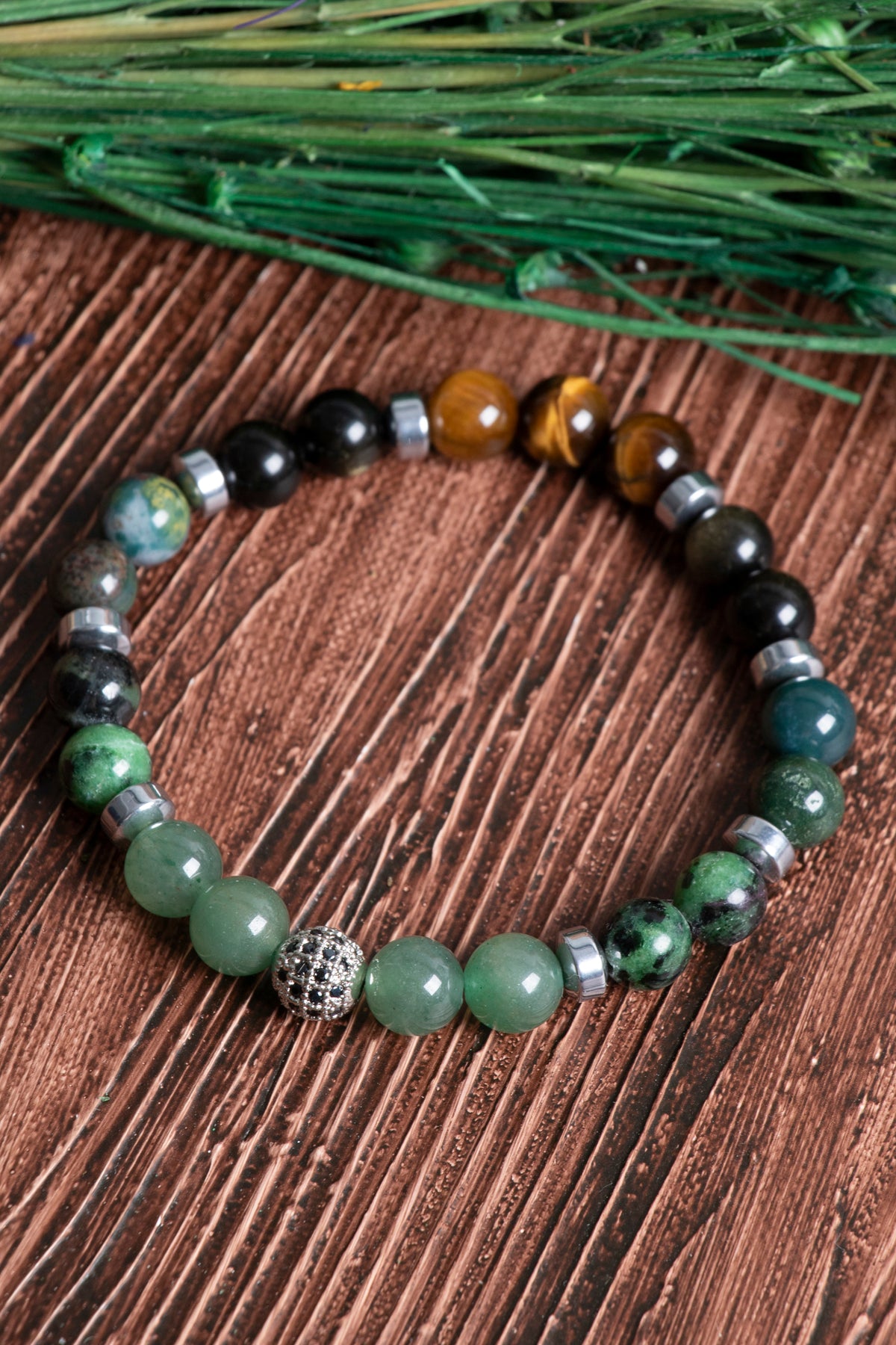 Image of Doğal Taş Yengeç Burcu Bileklik (Aventerun anyolit akik kaplam gözü obsidyen hematit)