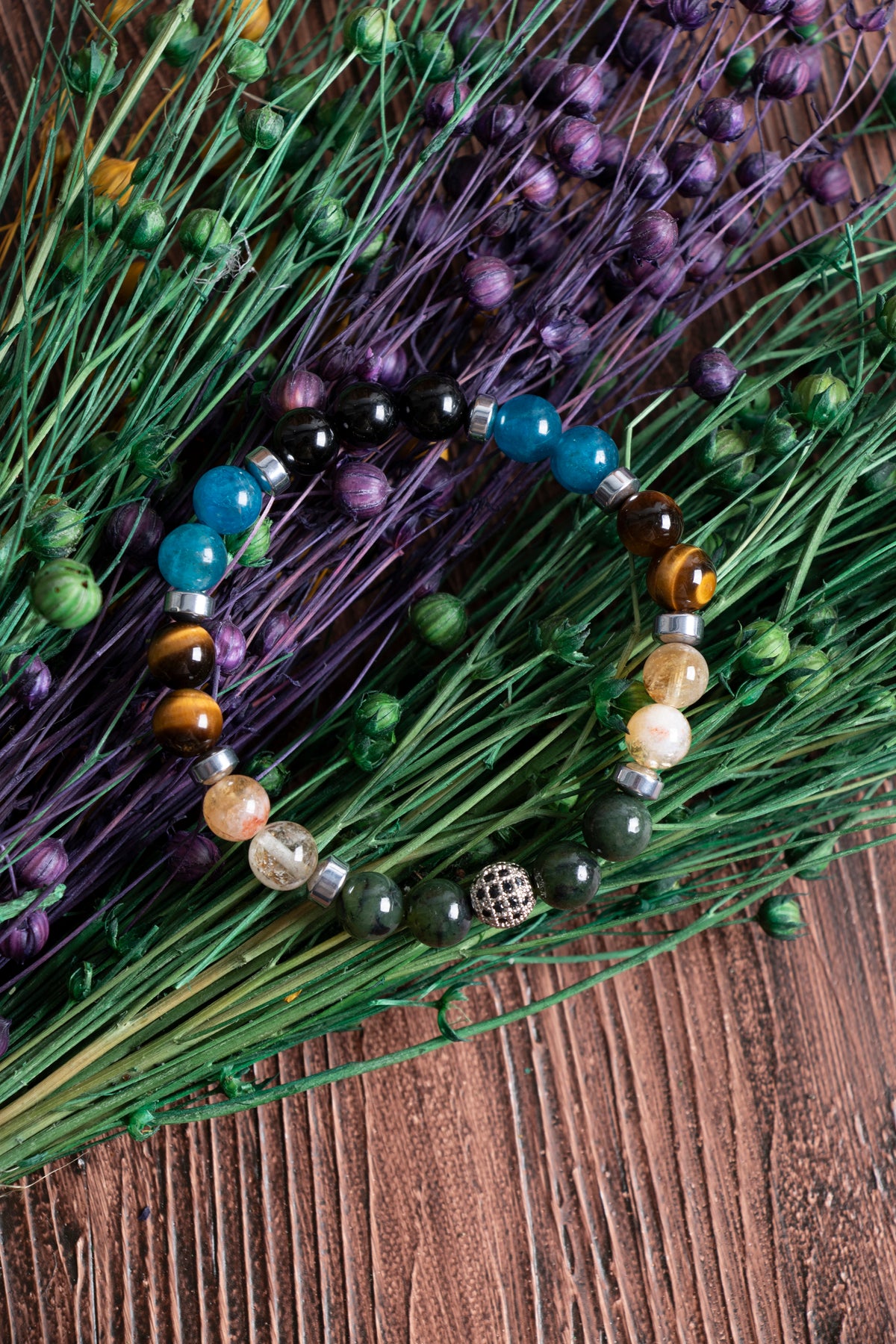 Image of Doğal Taş Akrep Burcu Bileklik ( Yeşim sitrin kaplan gözü apatit siyah turmalin)