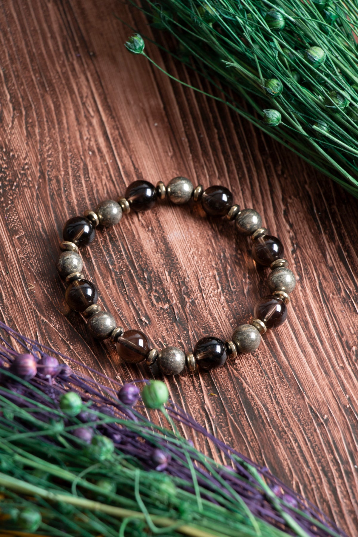 Image of Sertifikalı Dumanlı Kuvars (10 mm) Prit (8 mm) Hematit Doğal Taş Bileklik