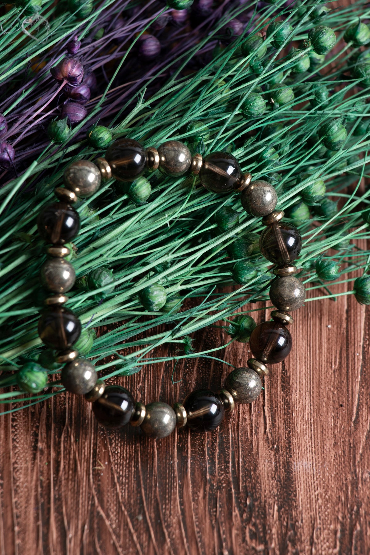 Image of Sertifikalı Dumanlı Kuvars (10 mm) Prit (8 mm) Hematit Doğal Taş Bileklik