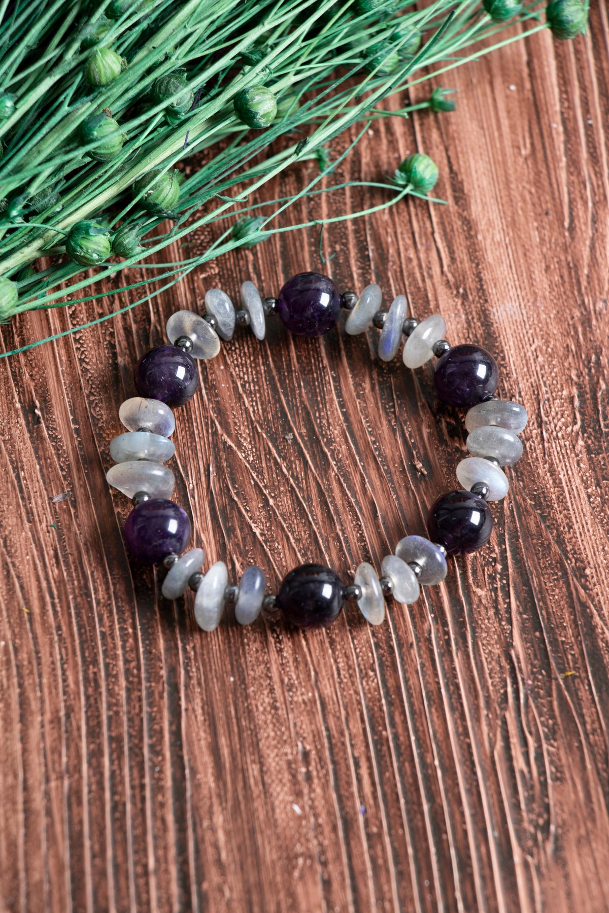 Image of Orijinal Sertifikalı Ametist Labrodorite Hematit Doğal Taş Bileklik