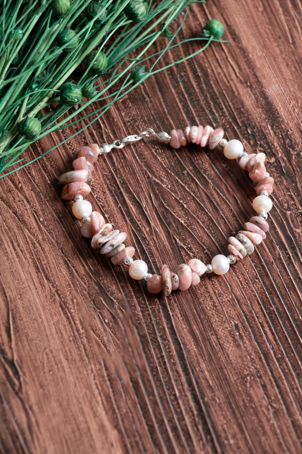 Image of Orijinal Sertifikalı Rodokrozit İnci Hematit Doğal Taş Gümüş Kapama Bileklik