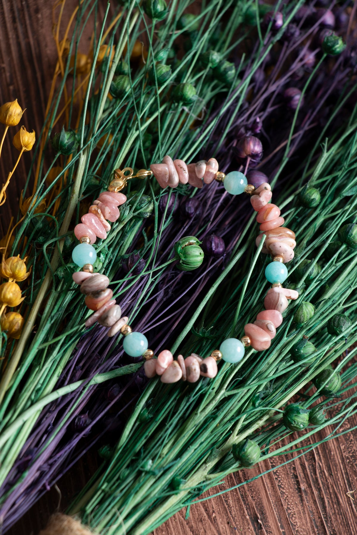 Image of Orijinal Sertifikalı Amazonit Rodokrozit Doğal Taş Gümüş Kapama Bileklik