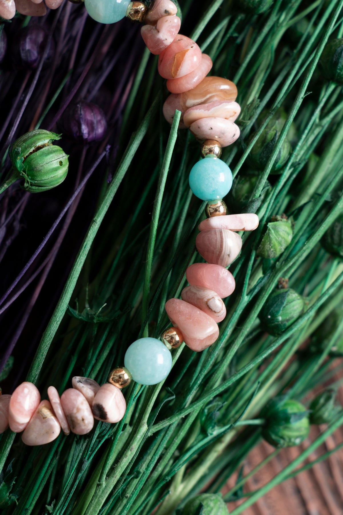 Image of Orijinal Sertifikalı Amazonit Rodokrozit Doğal Taş Gümüş Kapama Bileklik