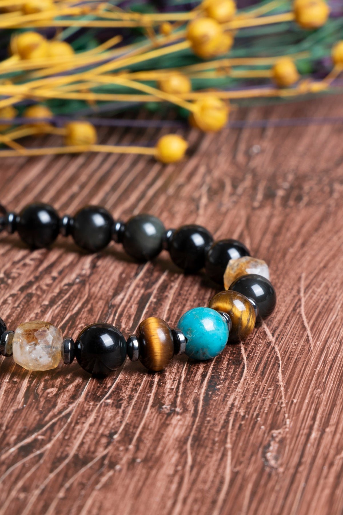 Image of Sertifikalı Turkuaz - Kaplan Gözü - Sitrin Doğal Taş Öfke Kontrol Bilekliği