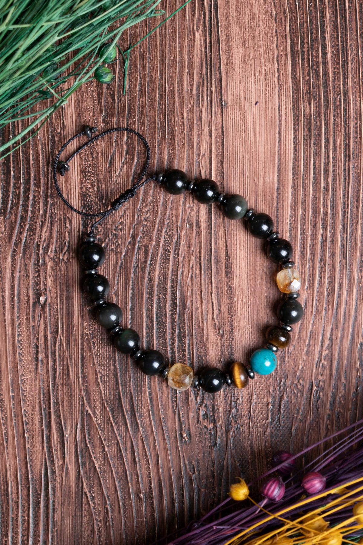 Image of Sertifikalı Turkuaz - Kaplan Gözü - Sitrin Doğal Taş Öfke Kontrol Bilekliği