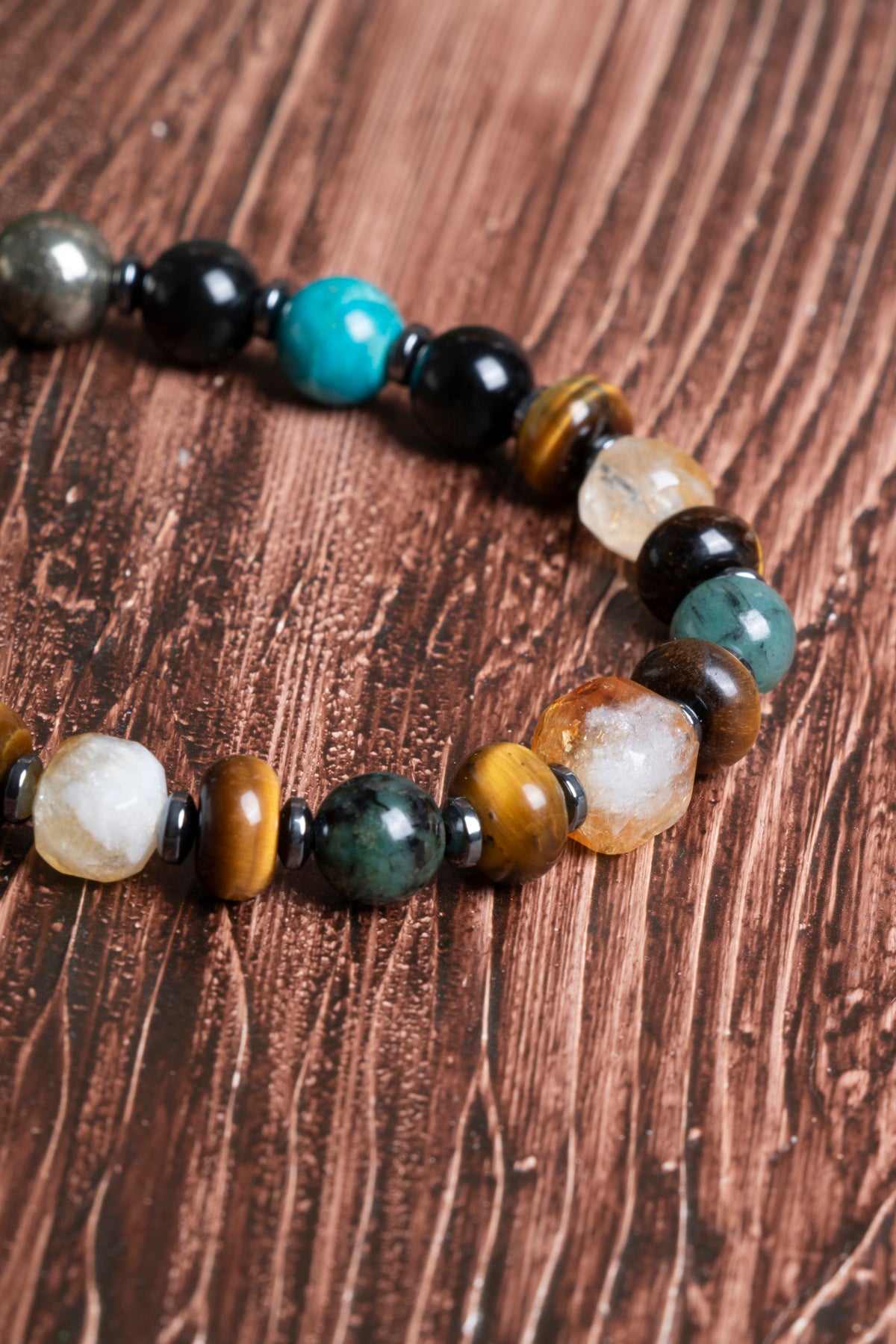 Image of Sertifikalı Zümrüt - Kaplan Gözü - Pirit - Sitrin - Turkuaz Doğal Taş Bolluk ve Koruma Bilekliği