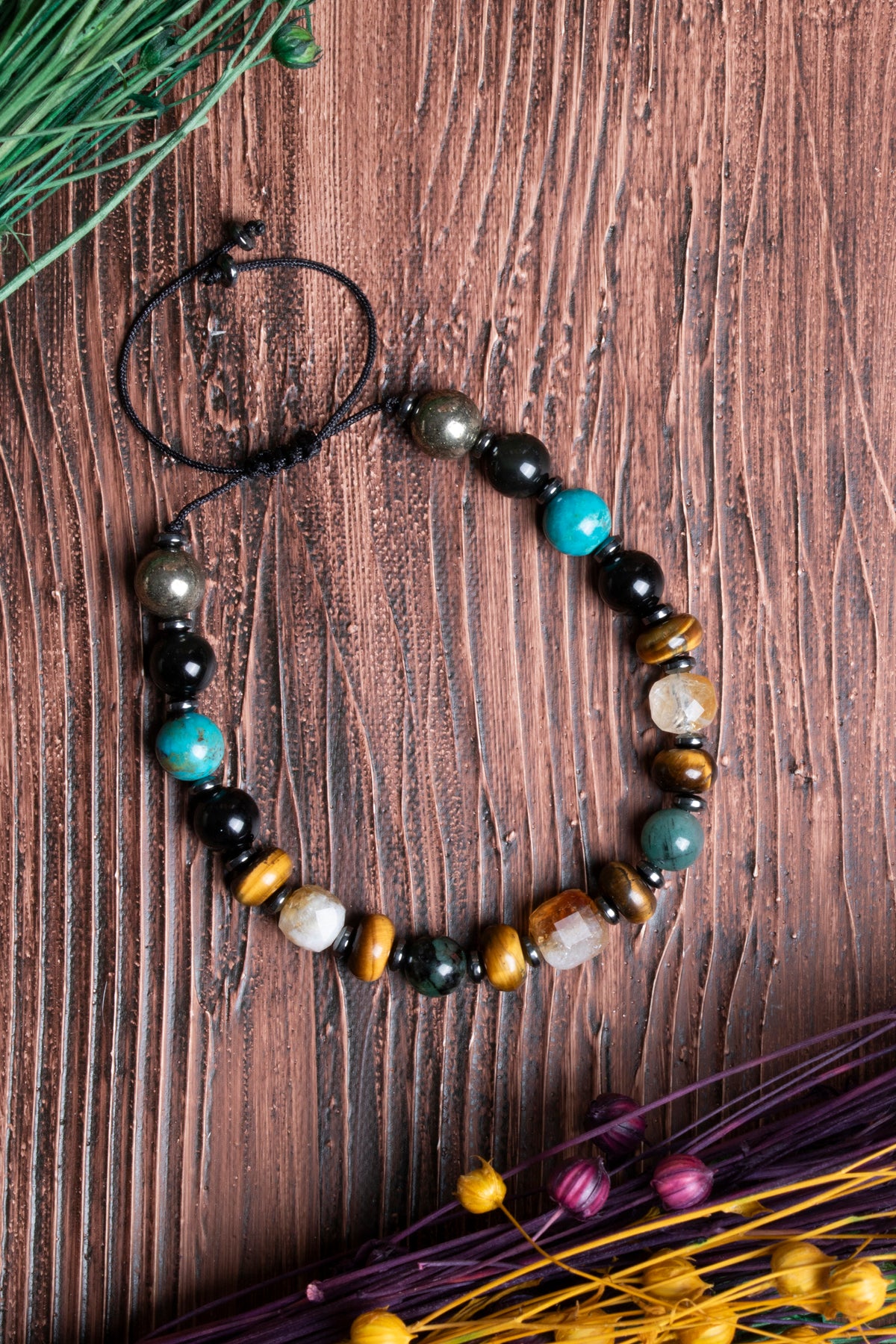 Image of Sertifikalı Zümrüt - Kaplan Gözü - Pirit - Sitrin - Turkuaz Doğal Taş Bolluk ve Koruma Bilekliği