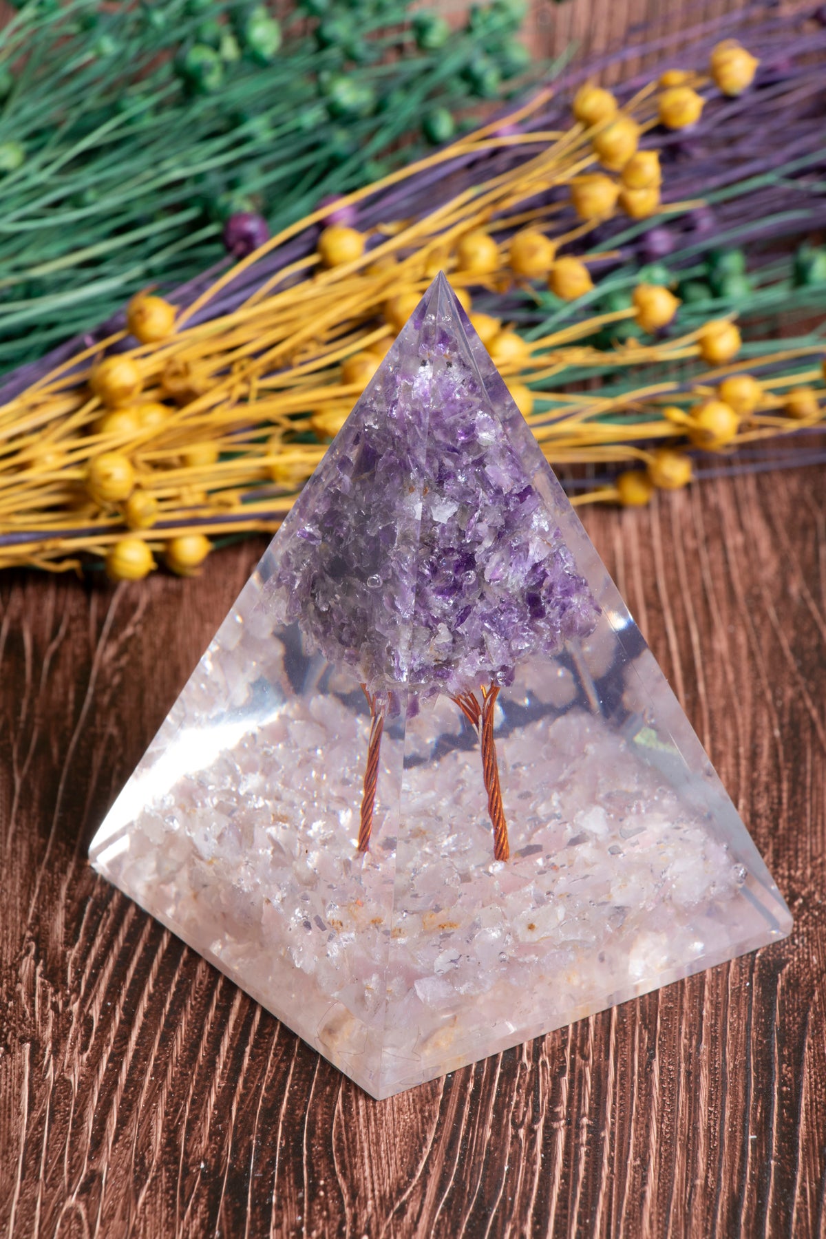 Image of Sertifikalı Pembe Kuvars - Ametist Doğal Taş Aşk Frekans Piramidi S.K: 0029