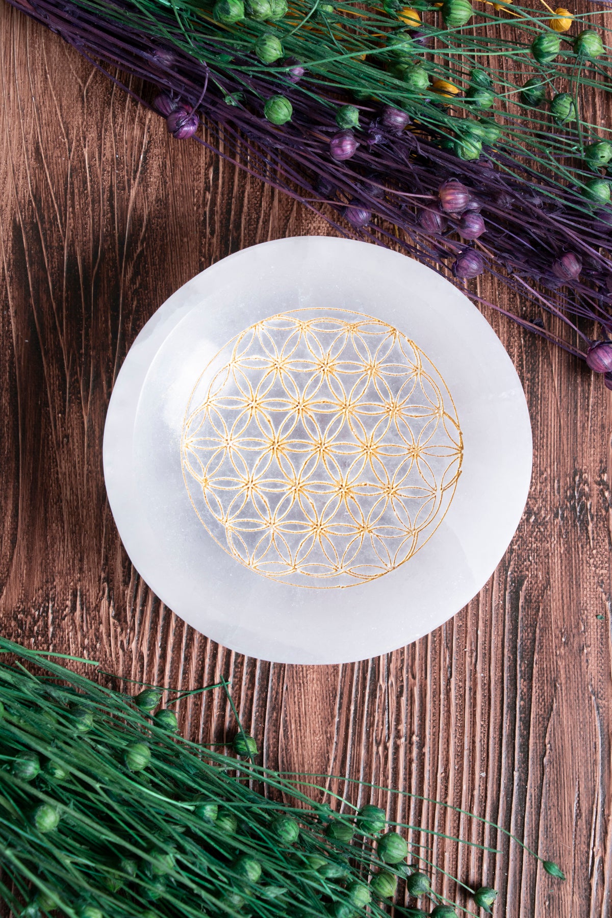 Image of Sertifikalı Selenit Doğal Taş Altın Renkli Motifli Enerji Temizleme Tabağı S.K: 0056